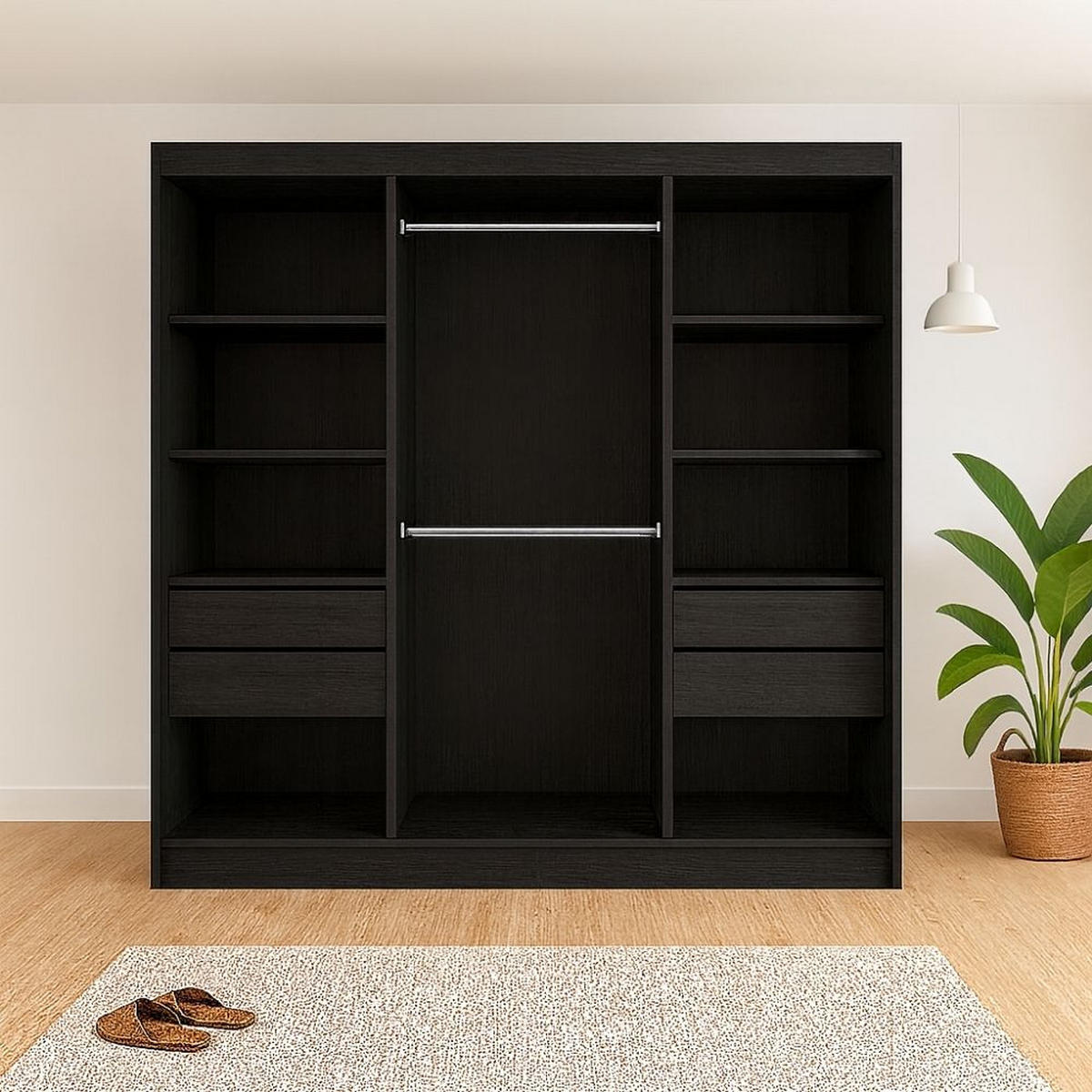 SCHWEBETÜRENSCHRANK Lami mit Spiegel und Lamellen, 215x200x61cm, Schwarz+Weiß - Schwarz/Weiß, Holzwerkstoff (200/215/61cm) - AN-Moebel 4u