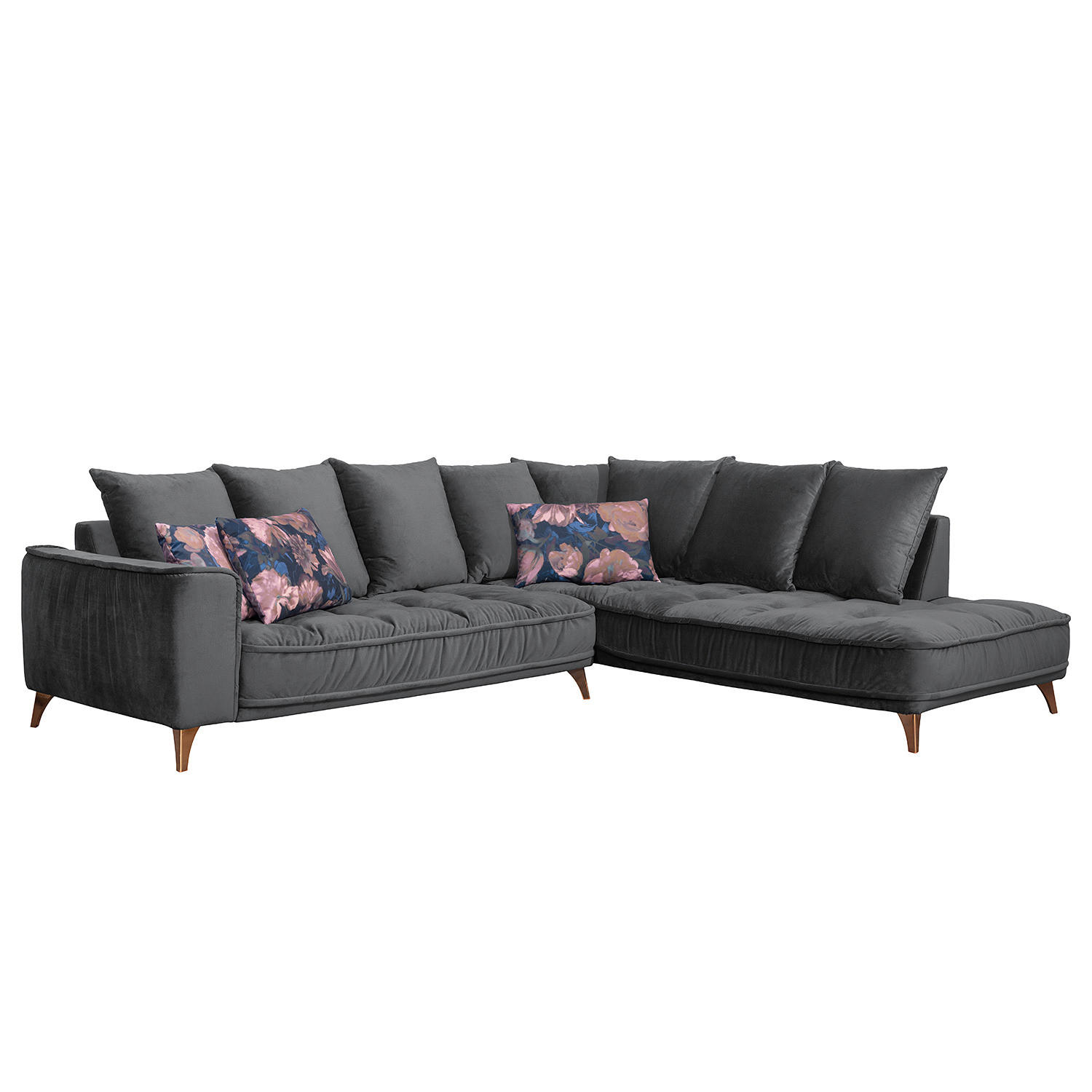 ECKSOFA mit Ottomane - Samt - Schwarz, Textil/Metall (288/245cm) - home24