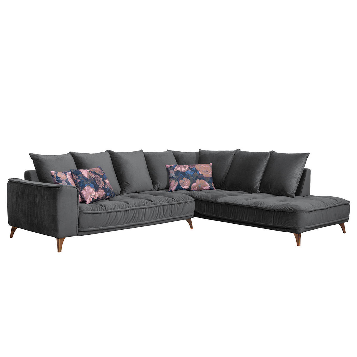 ECKSOFA mit Ottomane - Samt - Schwarz, Textil/Metall (288/245cm) - home24