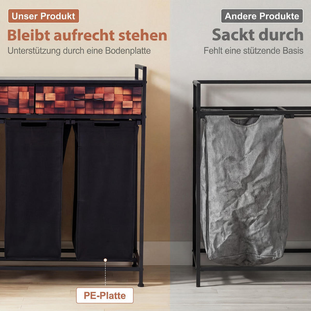 WÄSCHEKORB mit Wäschesäcken schwarz - Schwarz, Metall (92.5/93.5/33cm) - COSTWAY