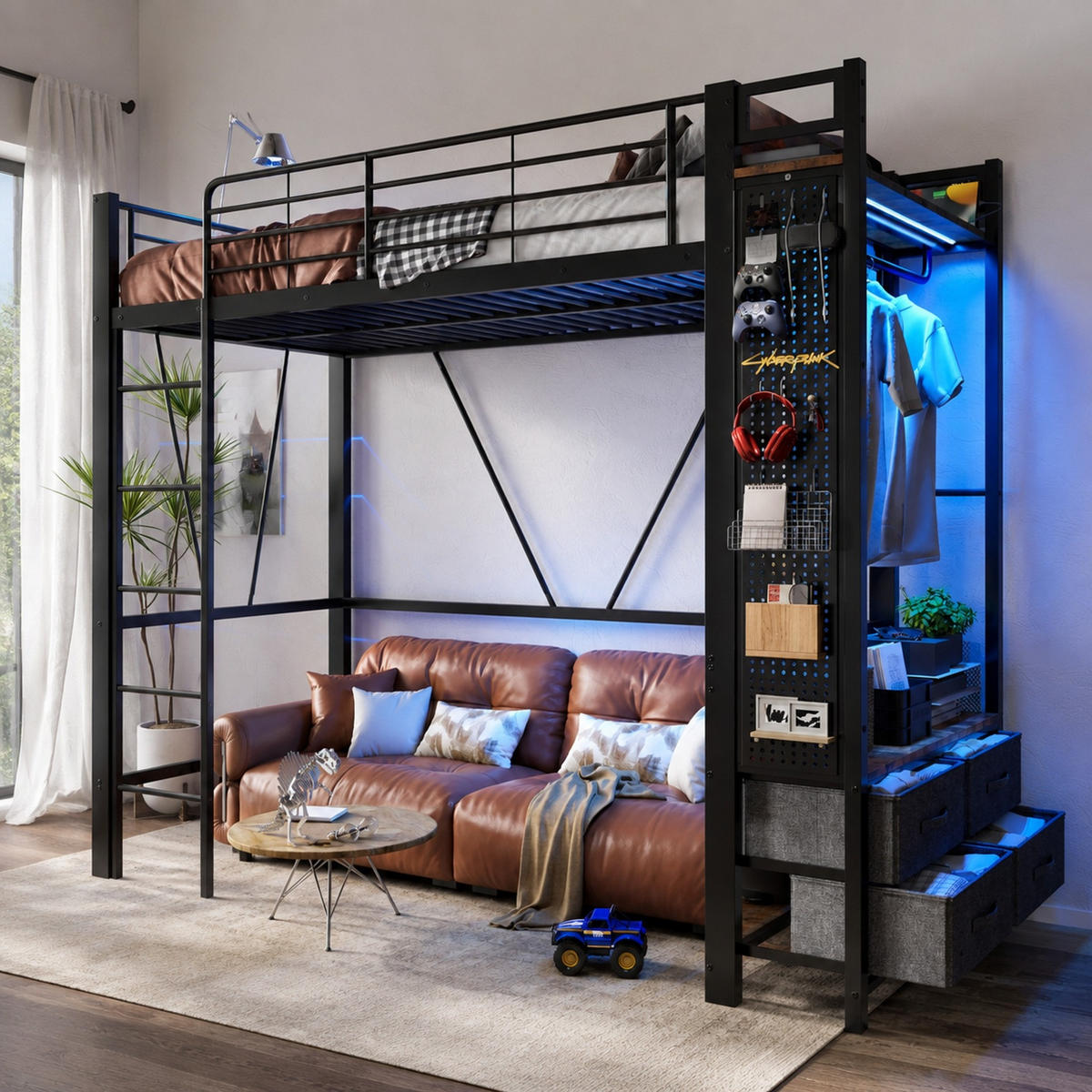HOCHBETT 90/200 mit LED, USB Type-C und Stauraum in Schwarz - Schwarz, Holz/Metall (90/200cm) - EVRYAE
