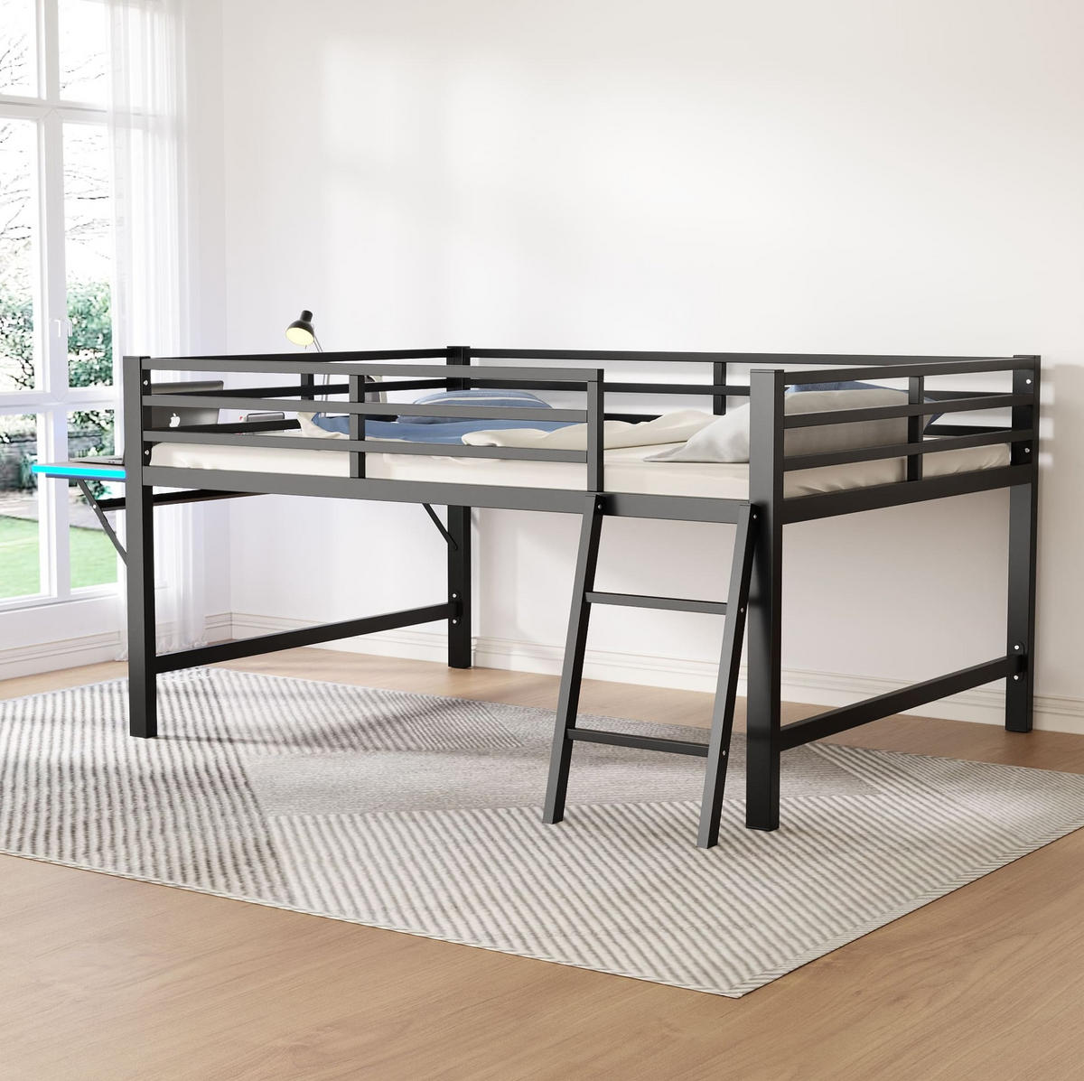 VYVÝŠENÁ posteľ 140/200 cm čierna z kovu so zábranou a rebríkom so sklápacím stolom a LED osvetlením - čierna, kov (140/200cm) - OKWISH
