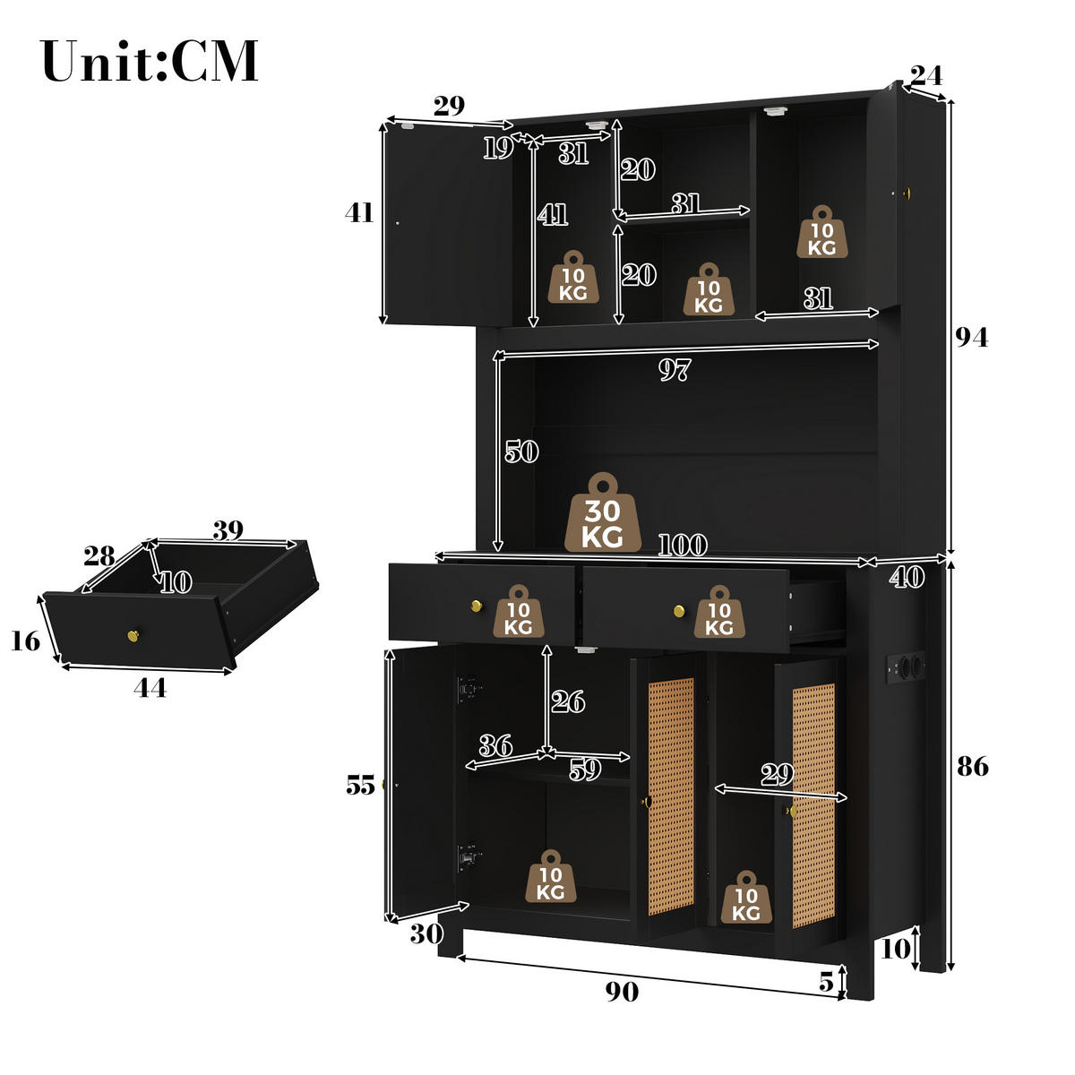 BUFFET DE-38637 100/40/180 cm LED-Beleuchtung und 5 Rattantüren Schwarz - Schwarz, Holzwerkstoff (100/180/40cm) - ComfortXL
