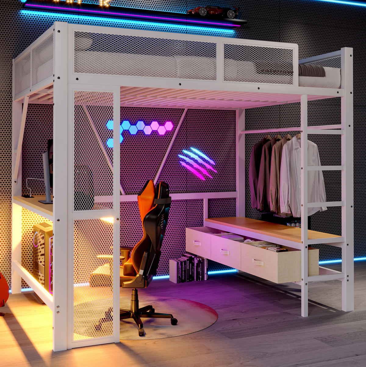 HOCHBETT 140/200 cm aus Metall und MDF mit LED, USB, Schreibtisch und Stauraum Weiß - Weiß, Holzwerkstoff (140/200cm) - Modenvie