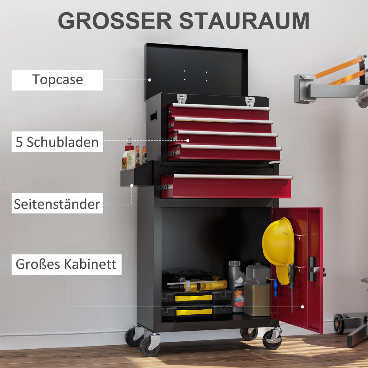 WERKSTATTWAGEN mit Rollen, mit 5 Schubladen, Max. Belastung 130kg, Schwarz+Rot - Rot, Metall (60/102/28cm) - HOMCOM