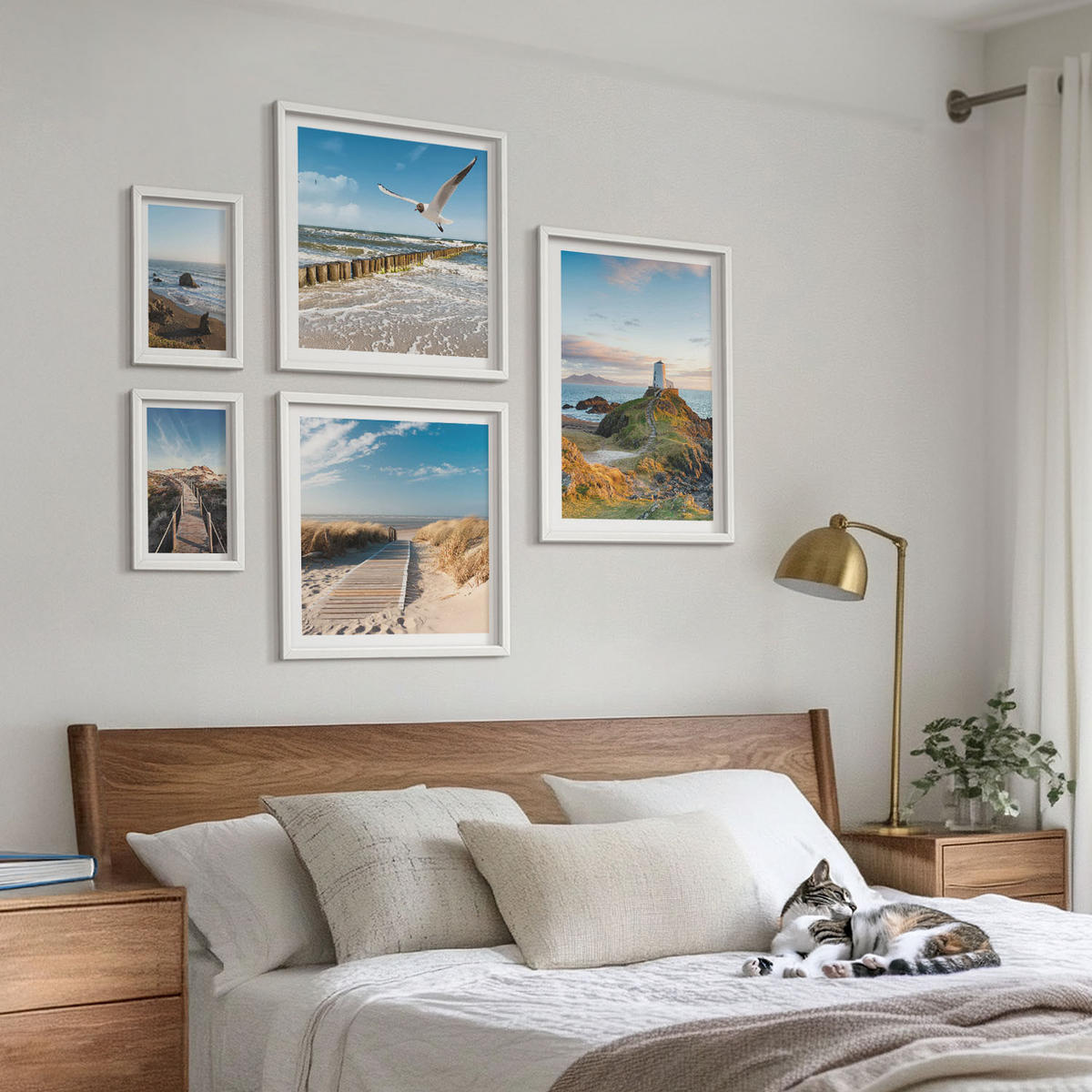 WANDBILDER 5er-Set - 50x50 cm & 20x30 cm & 40x60 cm Weißer Rahmen - Palmen am Meer, blaues Wasser - Weiß, Kunststoff (40/60cm) - ArtPrintCave
