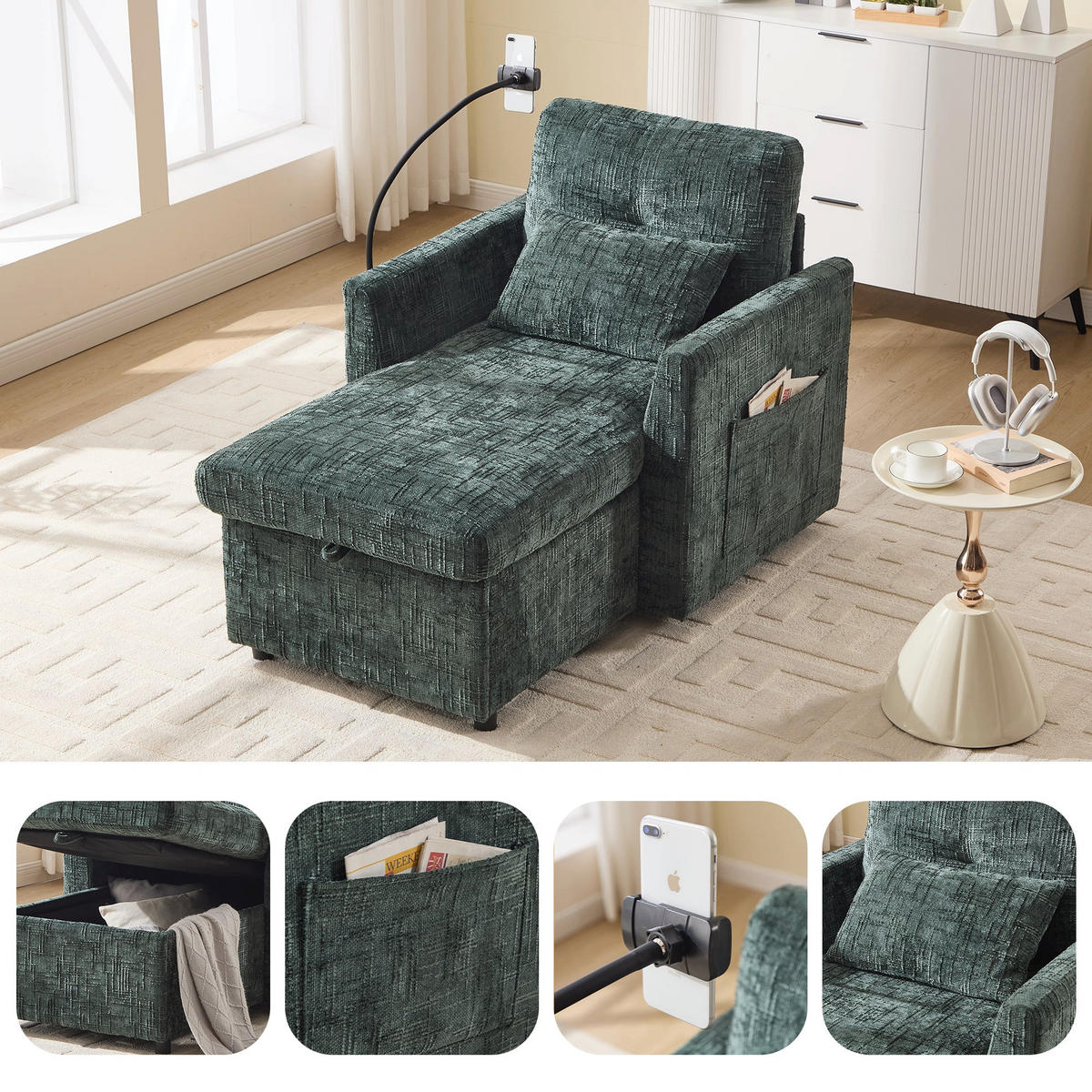 SCHLAFSOFA in Smaragdgrün aus Chenille mit Handyhalterung & Stauraum - Grün, Textil (84.5/87/125cm) - Urban Meuble