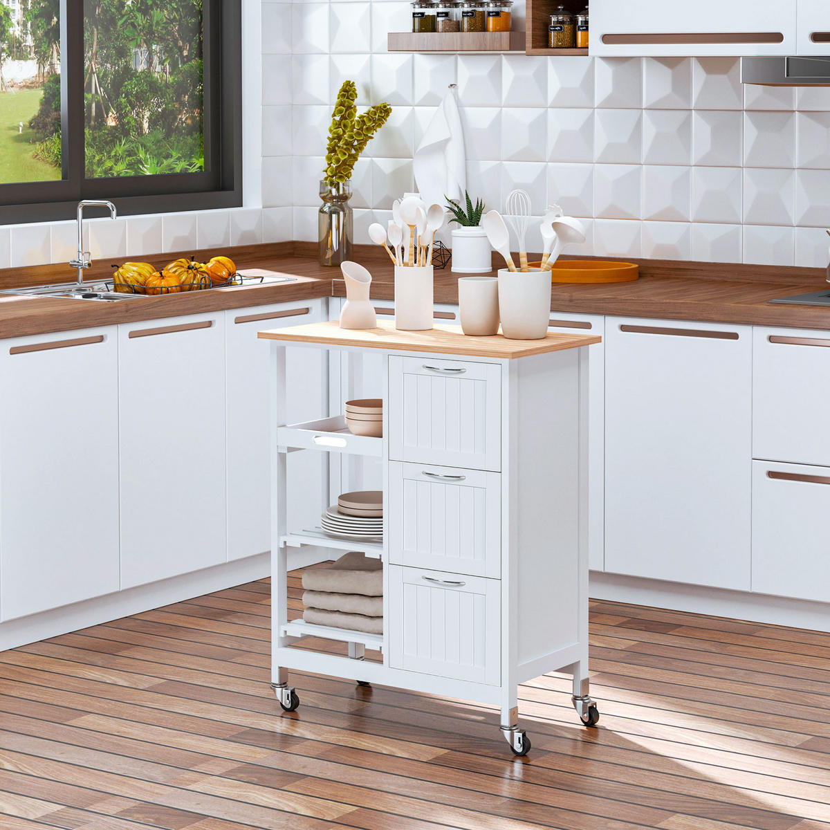 SERVIERWAGEN DE-41436 67/37/85 cm, 3 Schubladen und Arbeitsplatte Weiß - Weiß, Holzwerkstoff (67/84/37cm) - ComfortXL