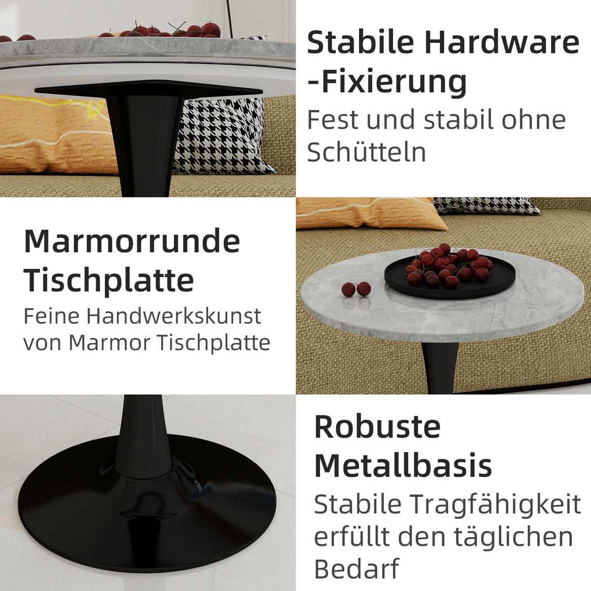 COUCHTISCH 70/70/72 cm Schwarz Grau mit runder Kunstmarmor-Platte im minimalistischen Design - Grau, Stein (70/70/72cm) - OKWISH