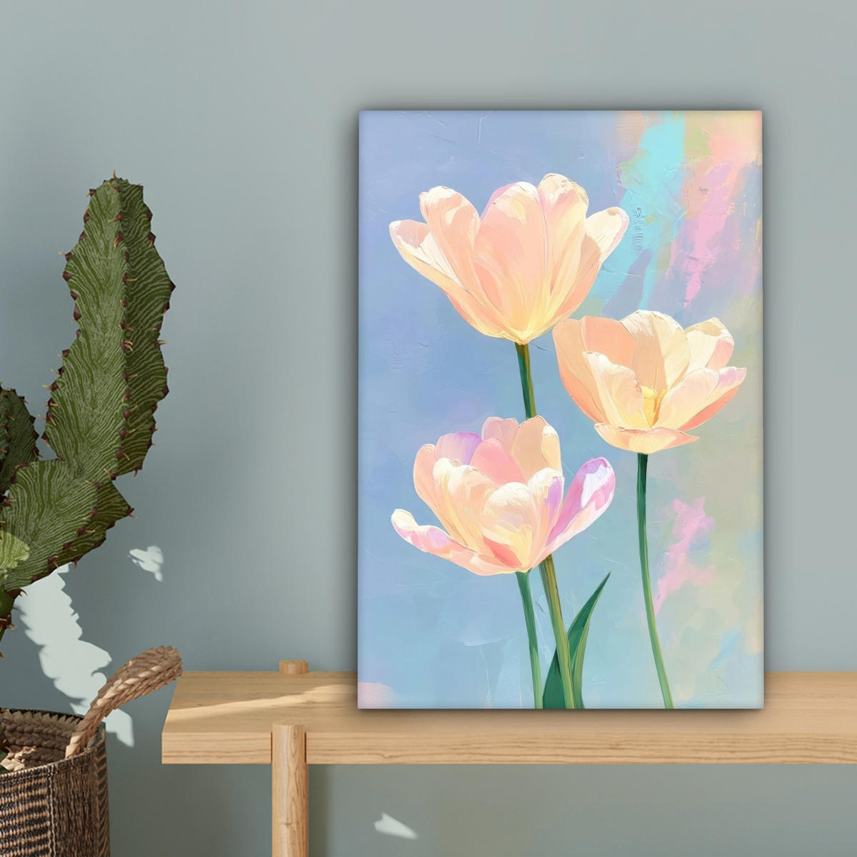 LEINWANDBILD Tulpen - Rosa Akzente - Blau Deko Wohnzimmer 20x30 cm - Pastellblau, Textil (20/30cm) - MuchoWow