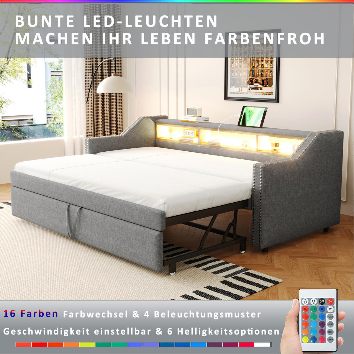 POLSTERBETT 90/180x190 LED USB Stauraum Hellgrau - Weiß/Grau, Naturmaterialien (180/190cm) - FLIEKS