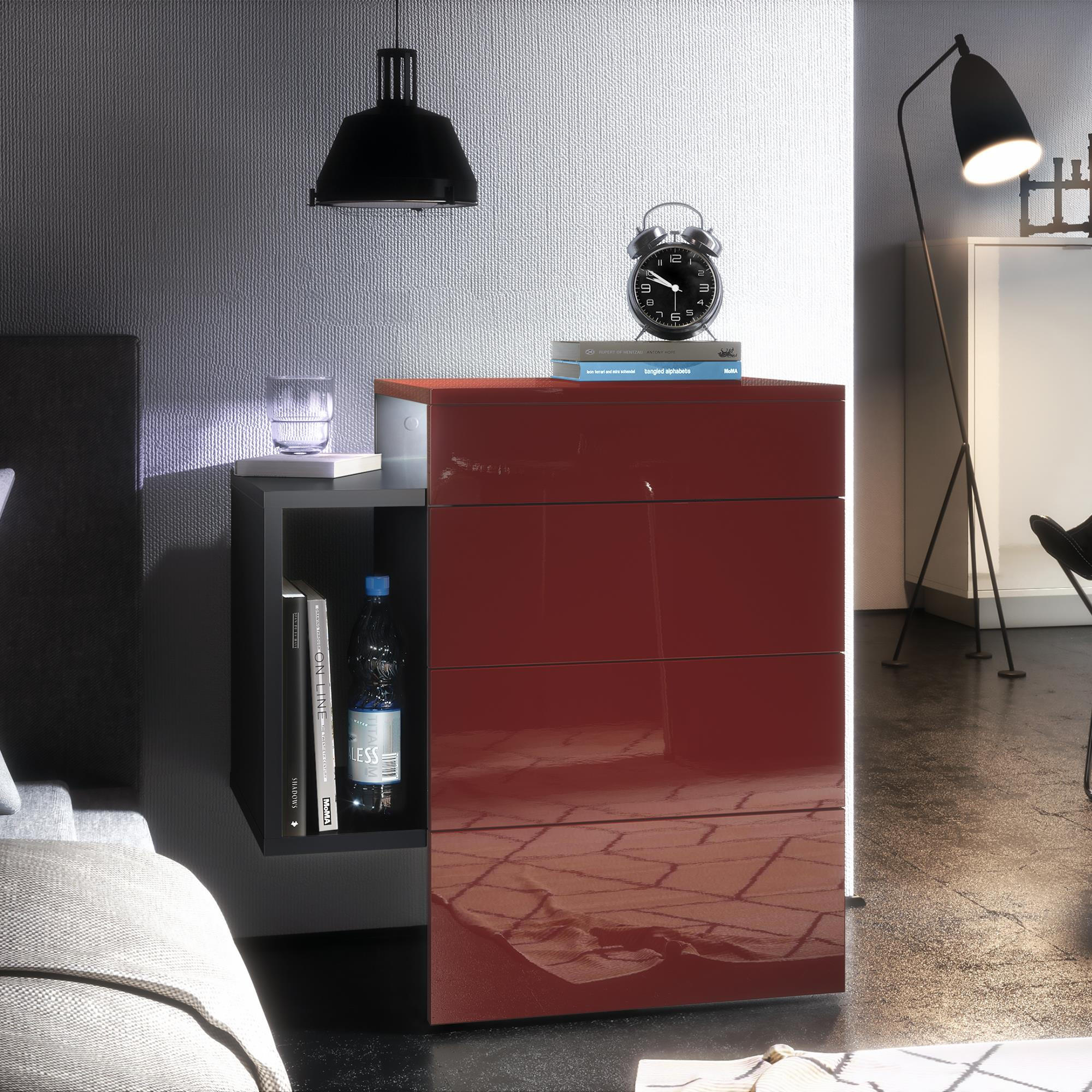 NACHTTISCH Queens Front in Bordeaux Hochglanz - Bordeaux, Holzwerkstoff (60/63/36cm) - Vladon