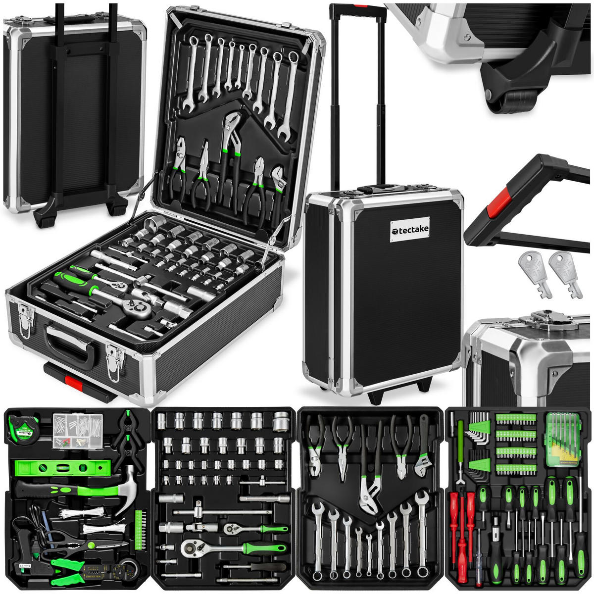 WERKZEUGKOFFER Alu-Trolley 1200-tlg., 4 Ebenen, abschließbar, schwarz, 37 x 20 x 47 cm - Schwarz, Metall (20/100/37cm) - tectake