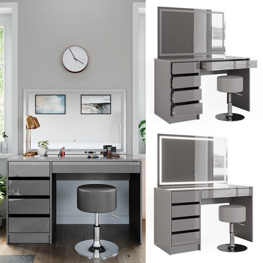 SCHMINKTISCH Sherry Grau 120 cm mit LED-Spiegel und Hocker - Grau, Holzwerkstoff (120/75/55cm) - Vicco