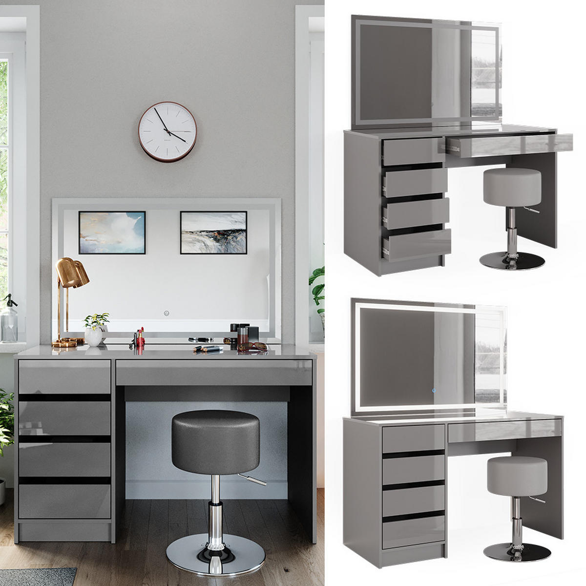 SCHMINKTISCH Sherry Grau 120 cm mit LED-Spiegel und Hocker - Grau, Holzwerkstoff (120/75/55cm) - Vicco