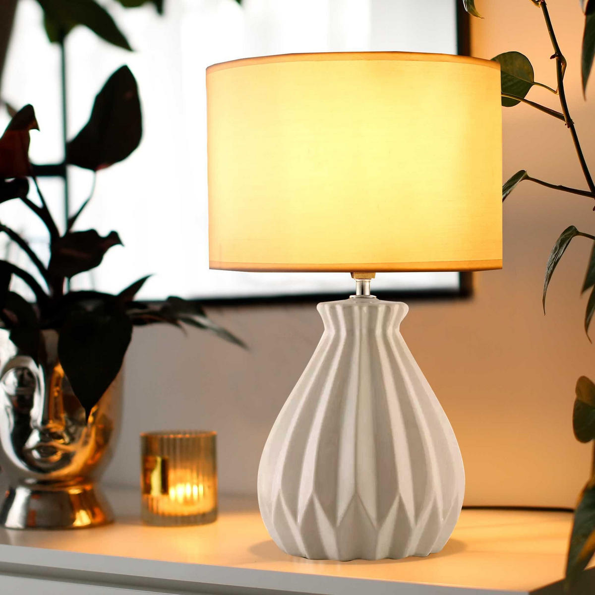 TISCHLAMPE FABO, Weiß - Weiß, Keramik/Textil (25/25/40cm) - KONSIMO®