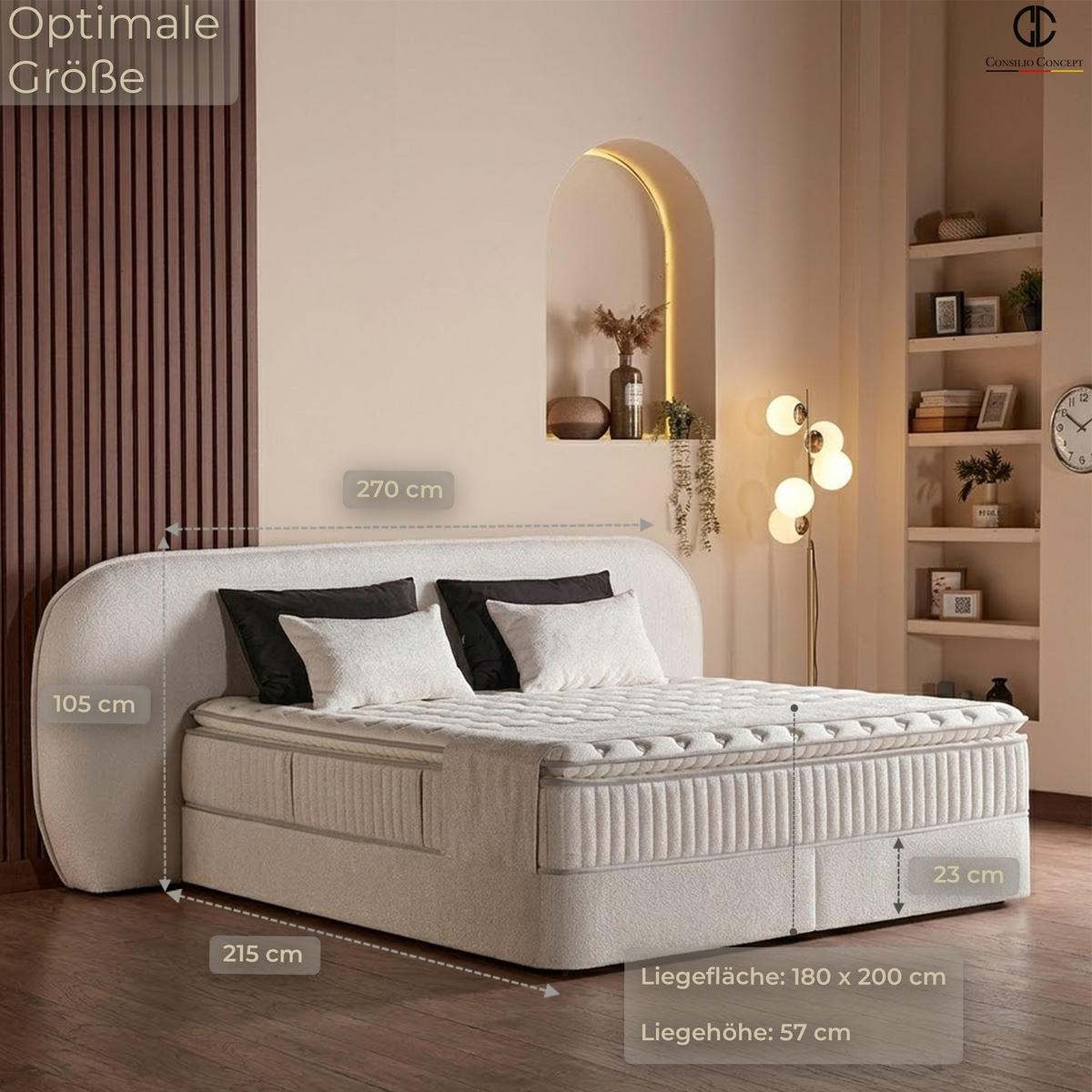 BOXSPRINGBETT MIT BETTKASTEN BALI 180/200 cm, Ivory, Bettkasten, Matratze, Topper integriert, H3 mittel 7-Zonen Matratze - Creme/Schwarz, Holz/Kunststoff (180/200cm) - Consilio Concept