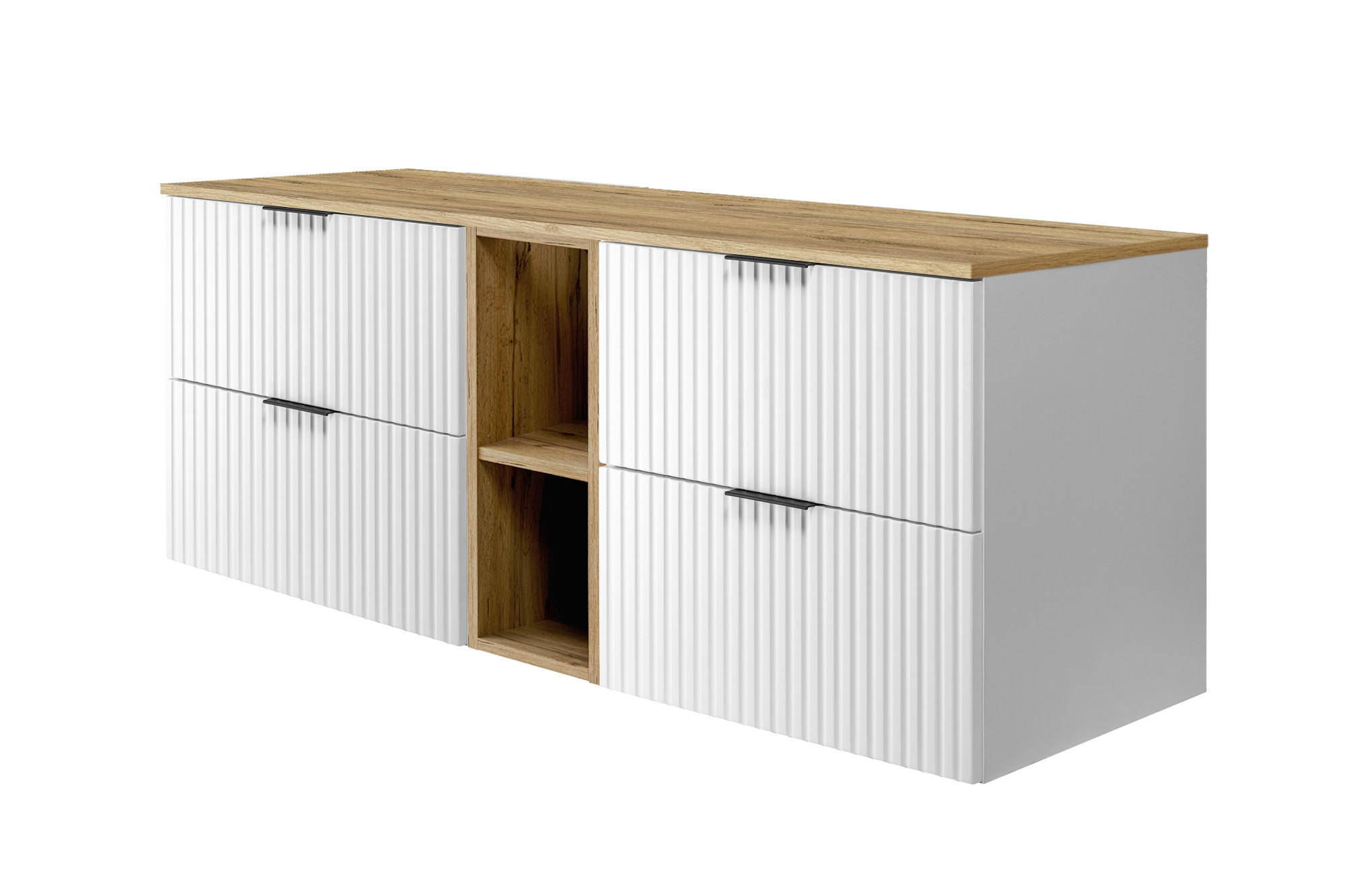 3XE Living Badezimmerschrank, Weiß, Eiche, Schwarz 140x57x46 cm
