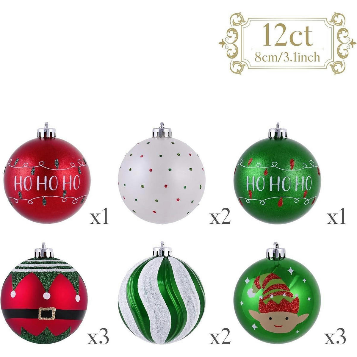 CHRISTBAUMKUGELN 12-teiliges Set 8 cm Rot Grün Weiß - Multicolor, Kunststoff (8/8/8cm)