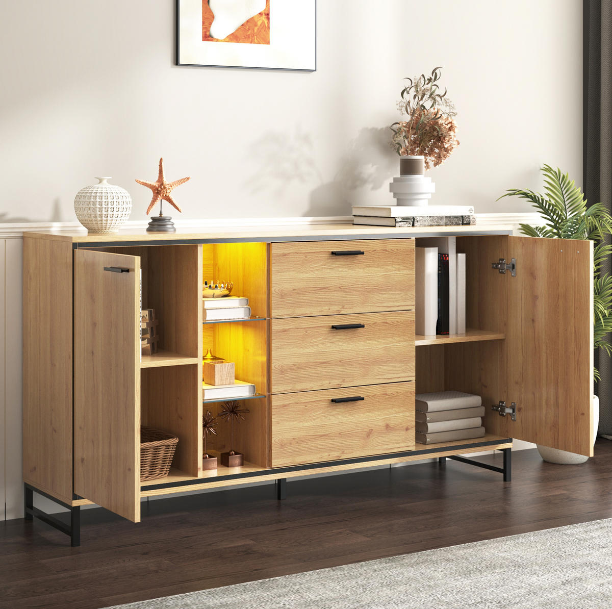 SIDEBOARD 160/40/85 cm aus Holzwerkstoff mit LED-Beleuchtung Natur/Schwarz - Naturfarben, Holzwerkstoff (160/85/40cm) - Modenvie