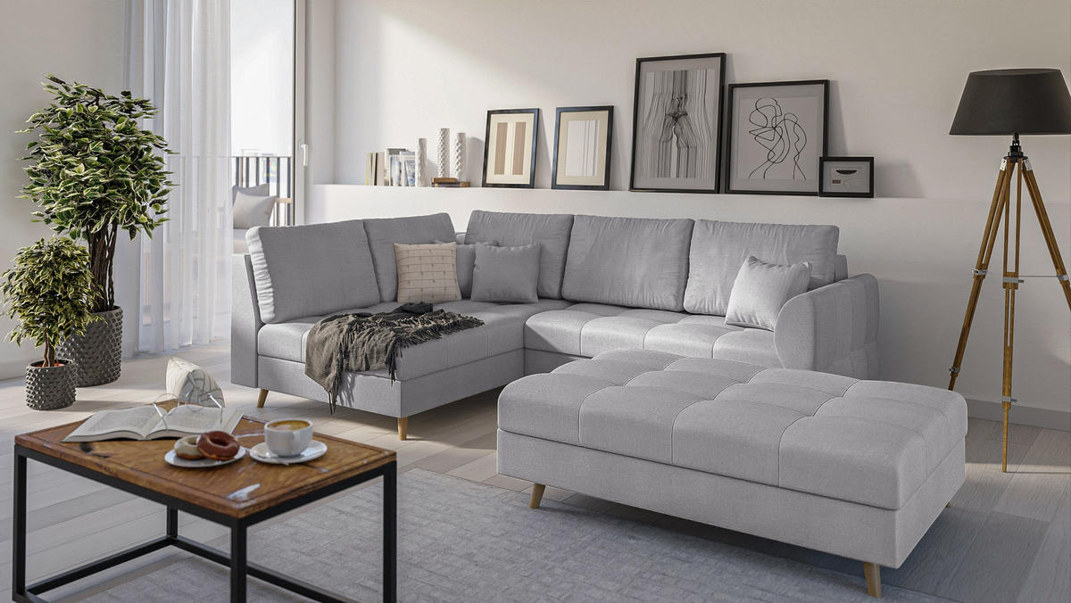 ECKSOFA MIT HOCKER Lorine Mikrofaser Grau - Hellbraun/Grau, Buchenholz/Textil (231/161cm) - S-Style Möbel