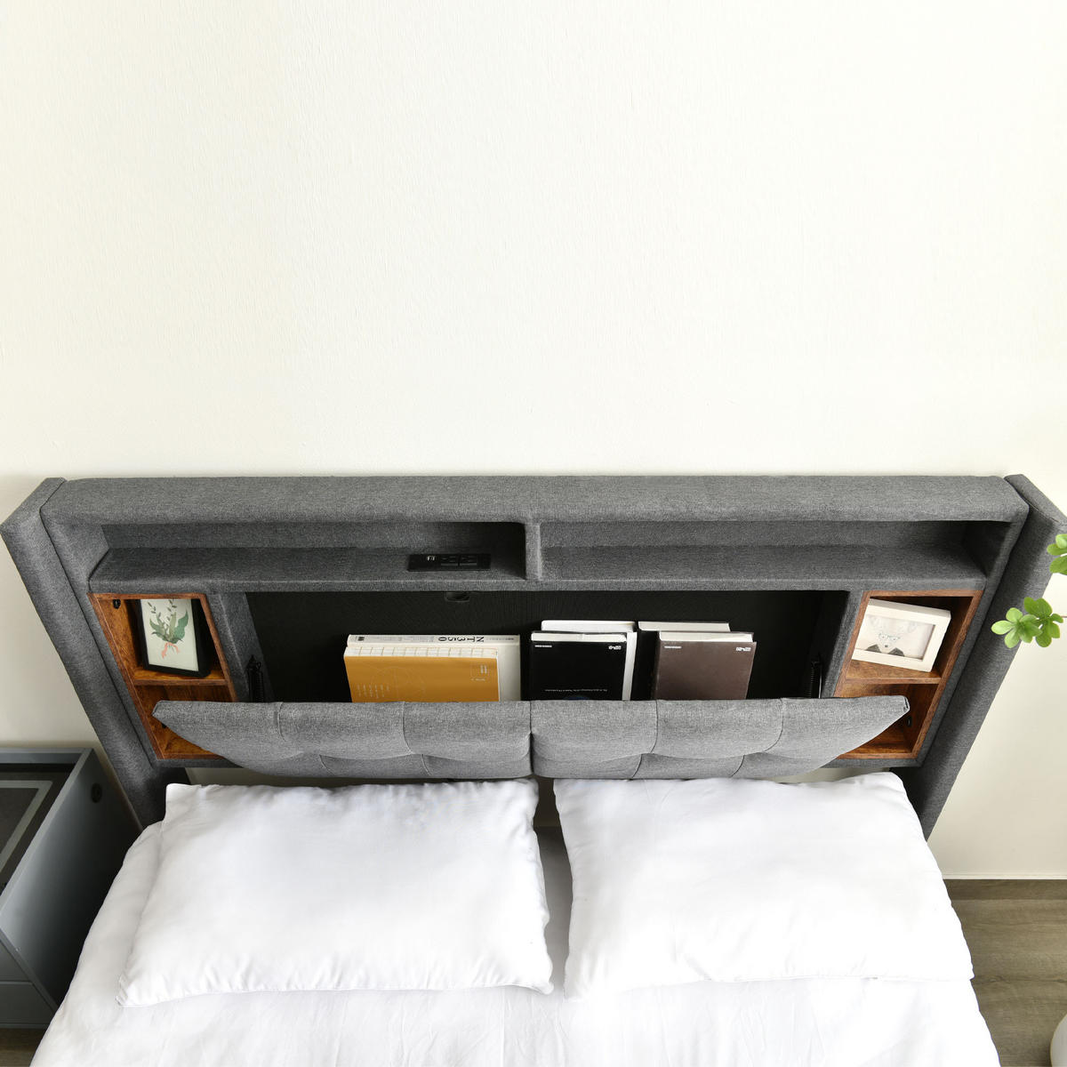 POLSTERBETT 160/200 cm in Grau mit Stauraum-Kopfteil, LED, USB und Steckdosen Leinen - Schwarz/Grau, Holzwerkstoff/Textil (160/200cm) - STILVORA