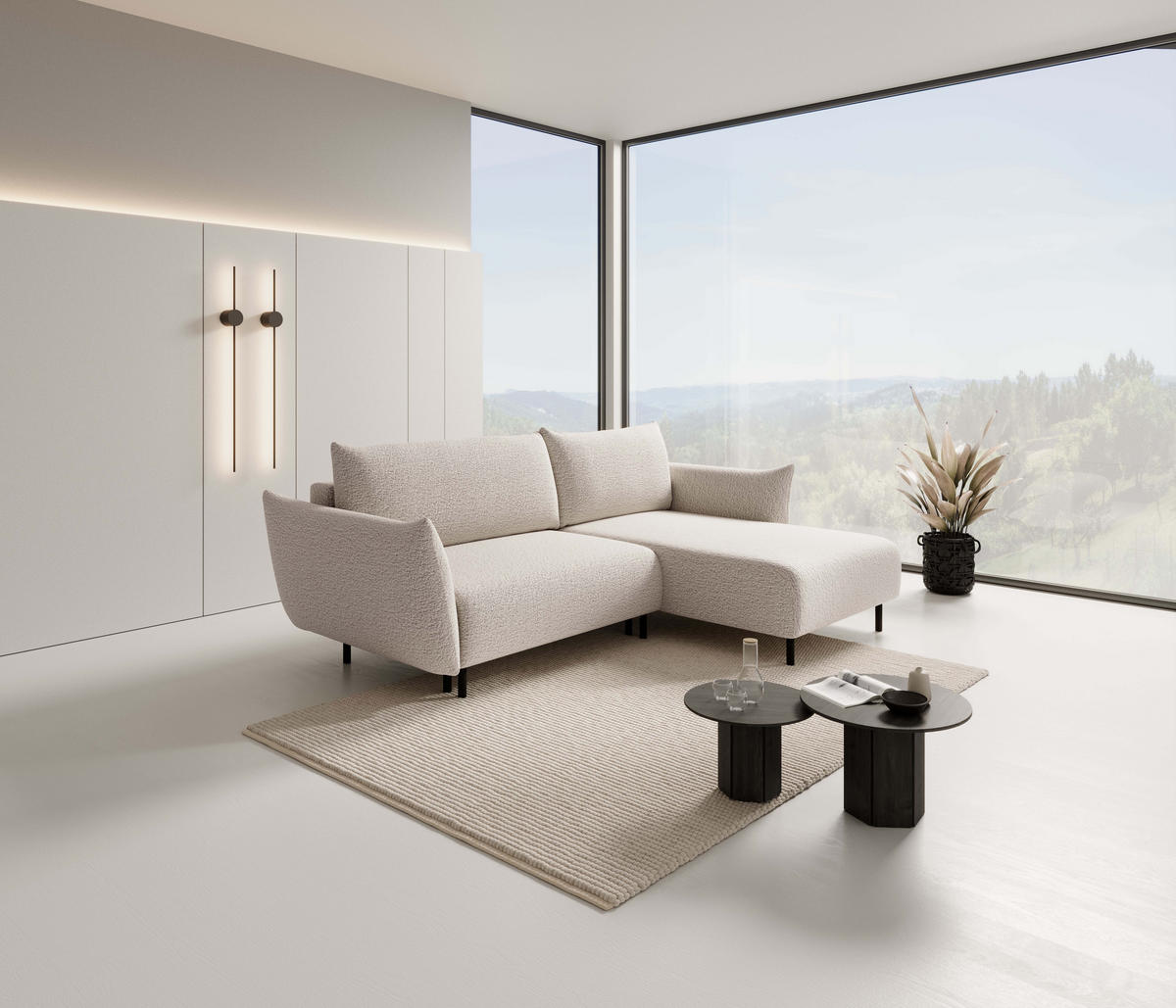 ECKSOFA ADEL mit Schlaffunktion und Bettkasten, L-förm, Metallbeine, verstellbar lose Rückenkissen, freistehend, RECHTS, 257x171x90 cm, Cream - Creme, Holz/Textil (257/171cm) - DomoHome