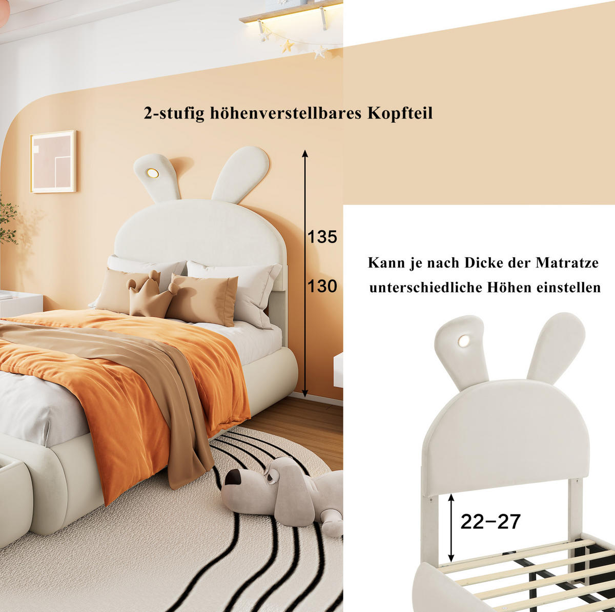 POLSTERBETT 90/200 cm mit LED-Beleuchtung, 2 Aufbewahrungshockern und verstellbarem Kopfteil aus Samt, Beige - Beige, Textil (90/200cm) - Redom