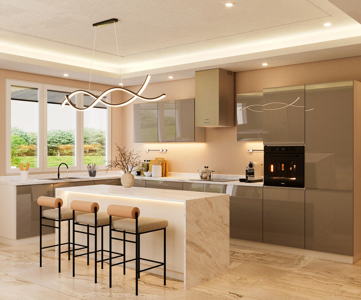 INSELKÜCHE-KÜCHENZEILE 420x220 cm Glanzia – KU-S18 – Grau – Hochglanz - Grau, Holzwerkstoff (420/212/220cm) - hi-markt