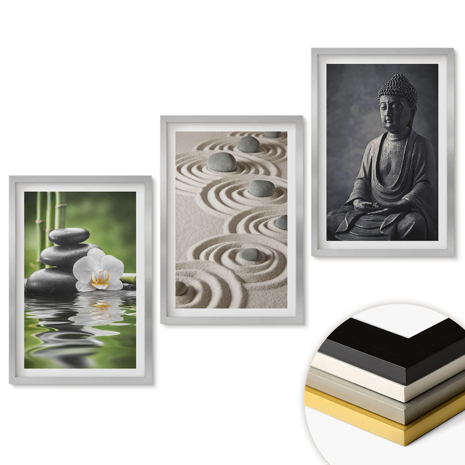WANDBILDER 3er Set - 40x60 cm Silberner Rahmen - Entspannender Blick auf den Zen-Buddha - Silberfarben, Kunststoff (40/60cm) - ArtPrintCave