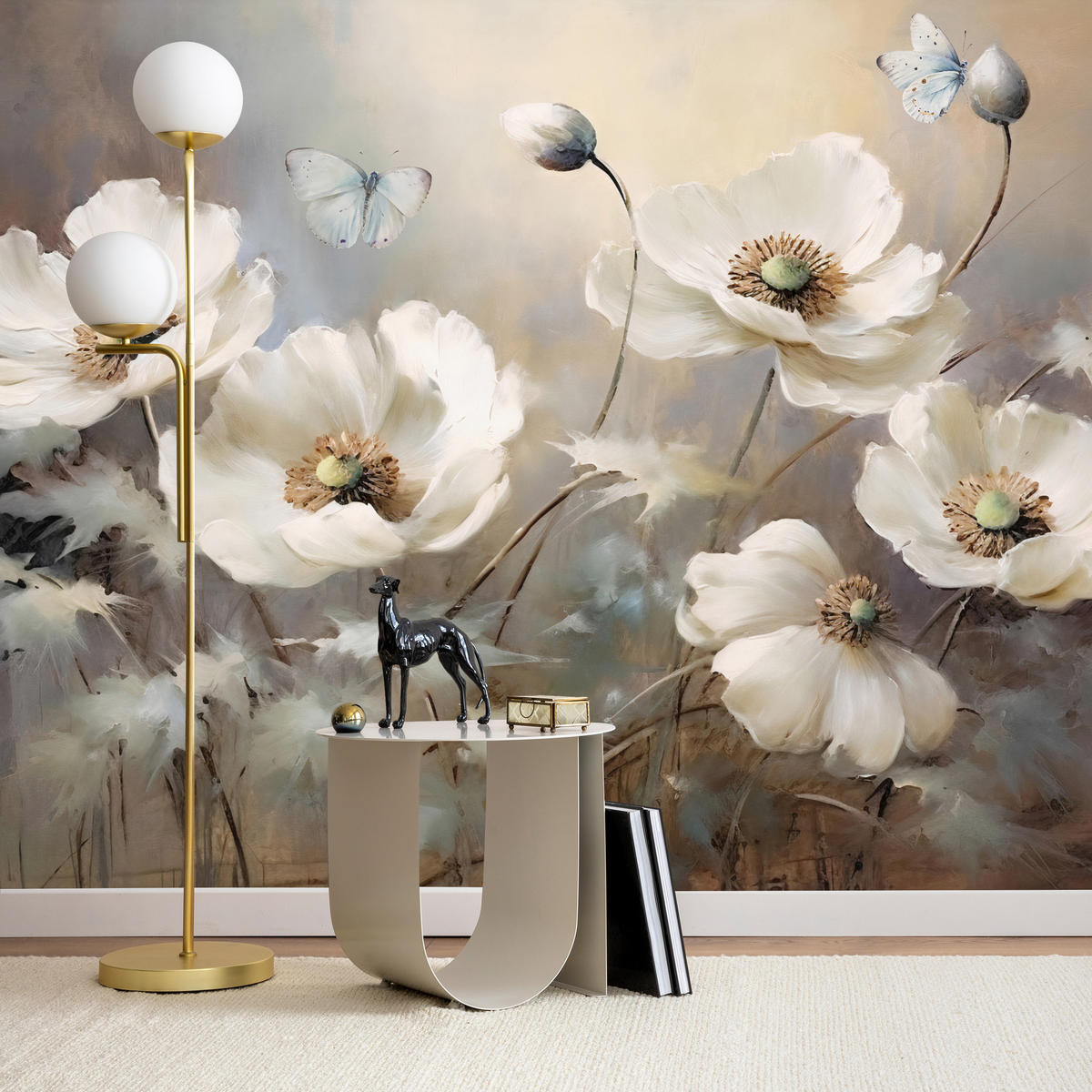 FOTOTAPETE für Schlafzimmer Abstrakte Weiße Mohnblumen Schmetterlinge Aquarell 300x210 - Beige/Braun, Papier (300/210cm) - Muralo