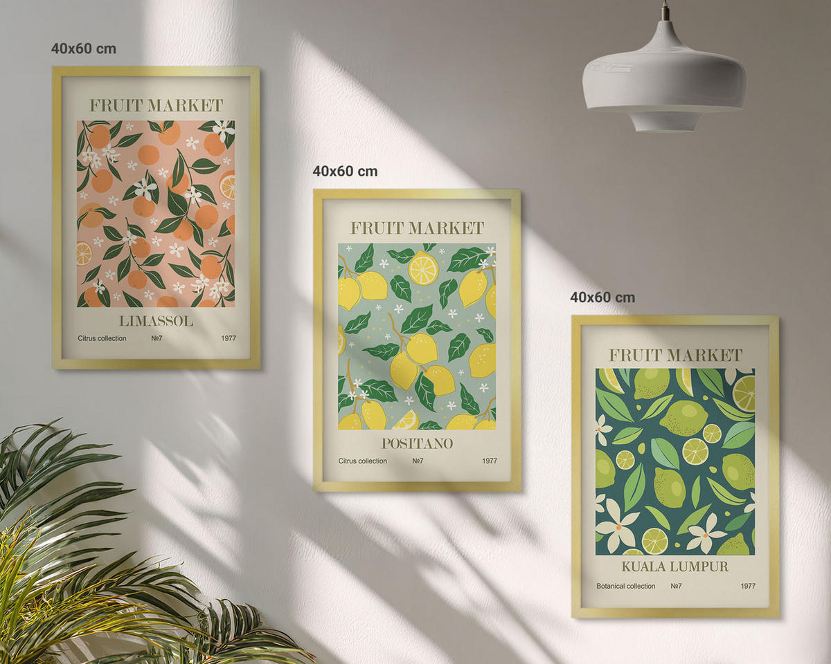 BILDER SET 3er Set - 40x60 cm Goldrahmen - Fruchtige Zitrusblütenmuster - Goldfarben, Kunststoff (40/60cm) - TULUP