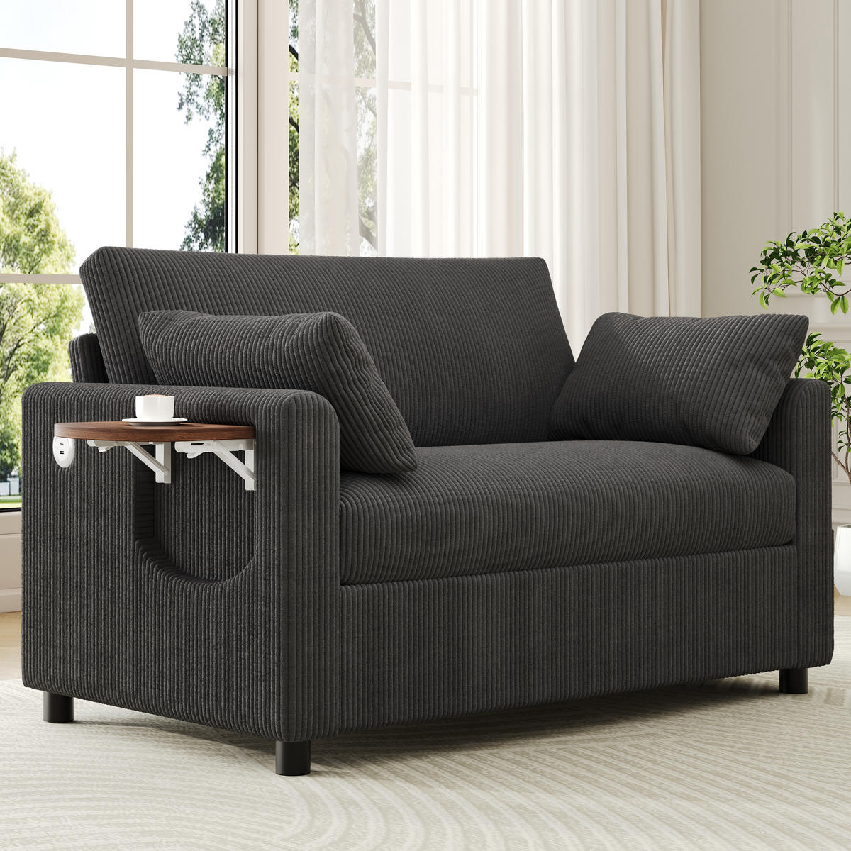 SCHLAFSOFA 2-Sitzer ausziehbar mit USB und Seitentisch, Grau - Grau, Textil (134/84/82cm)