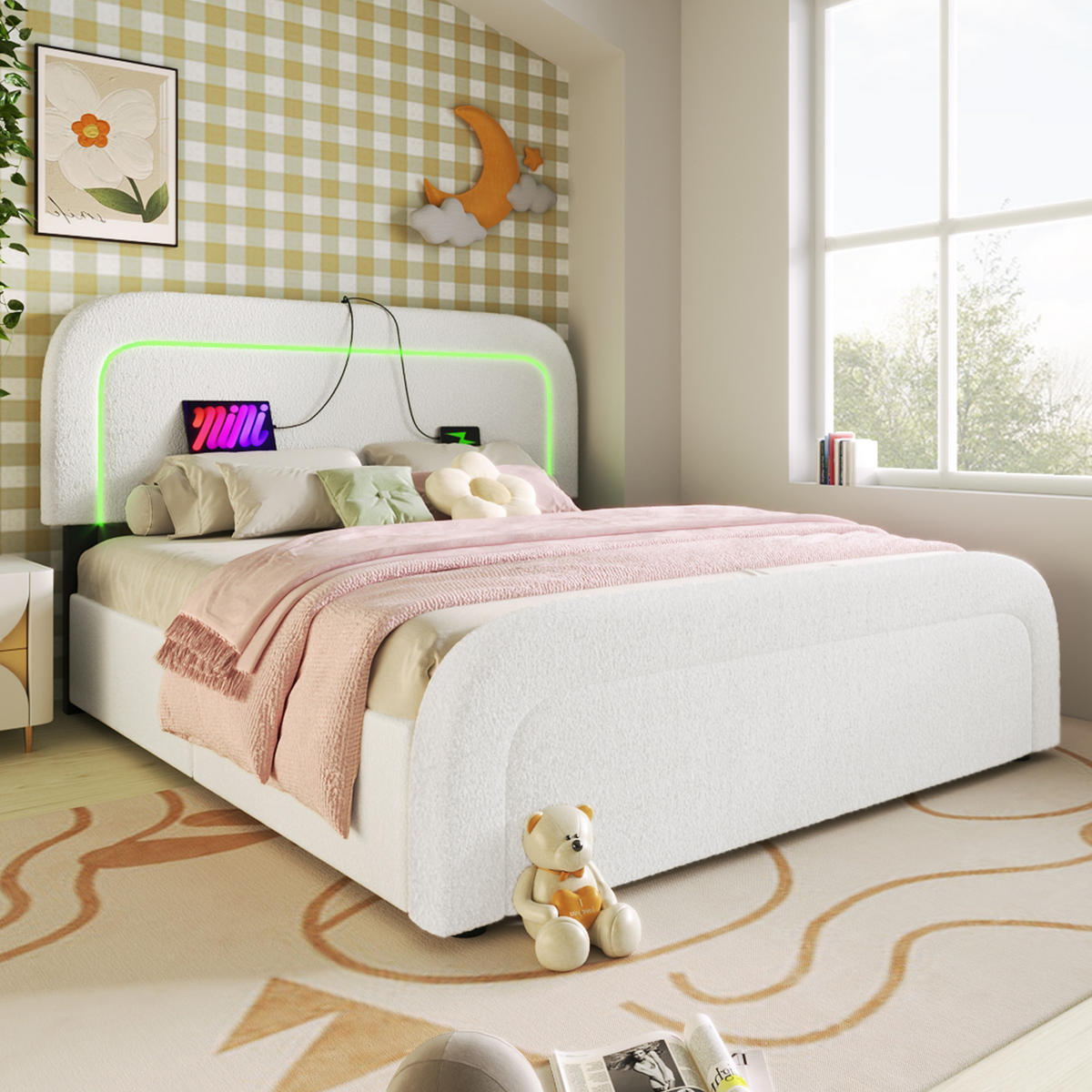 POLSTERBETT 160/200 cm Weiß aus Sherpa mit LED-Beleuchtung und USB- und Type-C-Anschlüssen - Weiß, Textil (160/200cm) - OKWISH