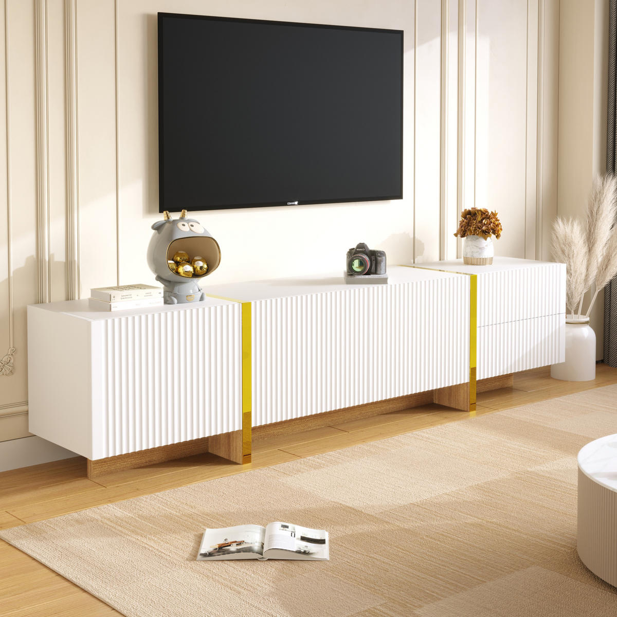 LOWBOARD 190/35/45 cm aus MDF und Spanplatte mit Dämpfungsscharnieren Weiß/Gold - Weiß, Holzwerkstoff (190/45/35cm) - Modenvie