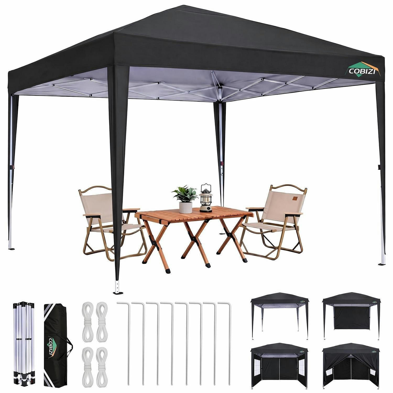 FALTPAVILLON 3x3m Wasserdicht mit Seitenwänden Schwarz - Schwarz, Textil (300/260/300cm)