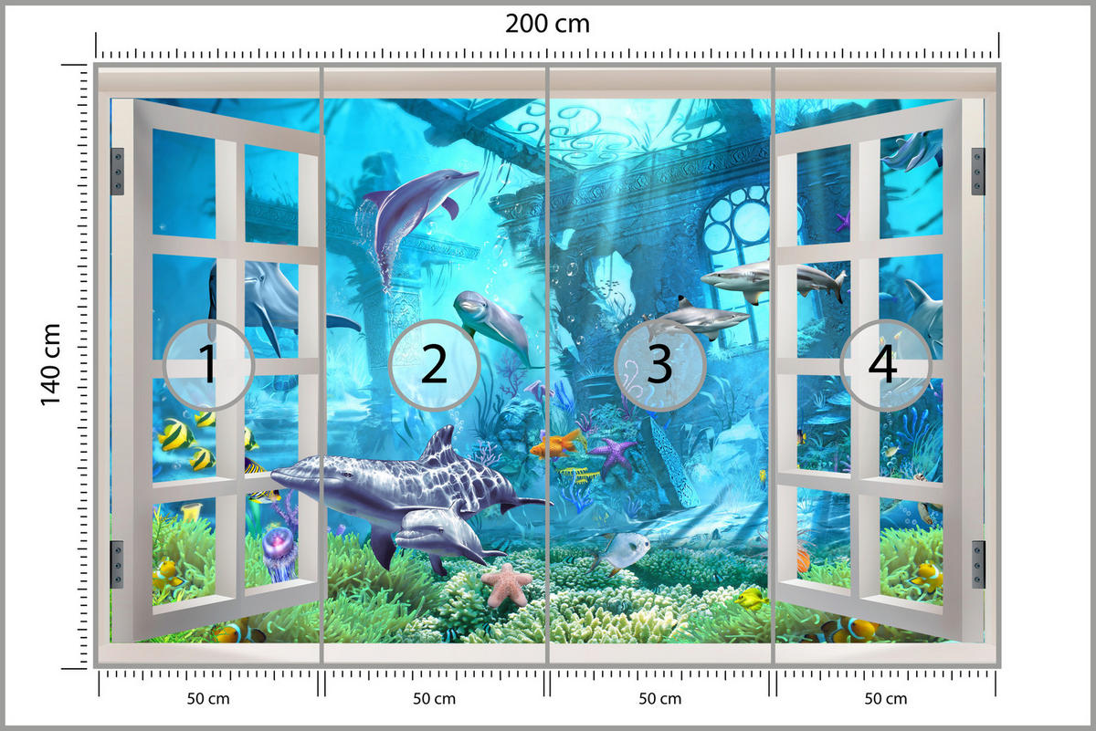 FOTOTAPETE für Schlafzimmer Fenster Unterwasserwelt Delfine Riff 200x140 - Blau/Weiß, Papier (200/140cm) - Muralo