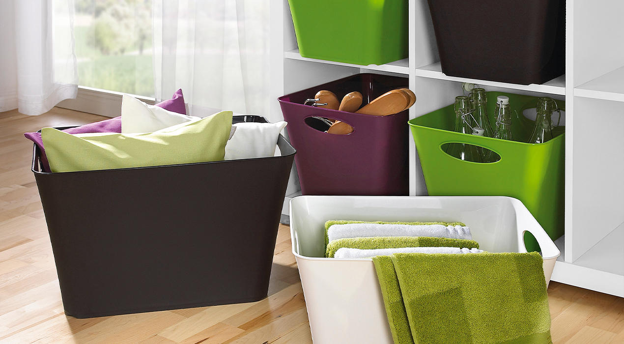Boxen 24l weiß, braun, lila, grün von Rotho