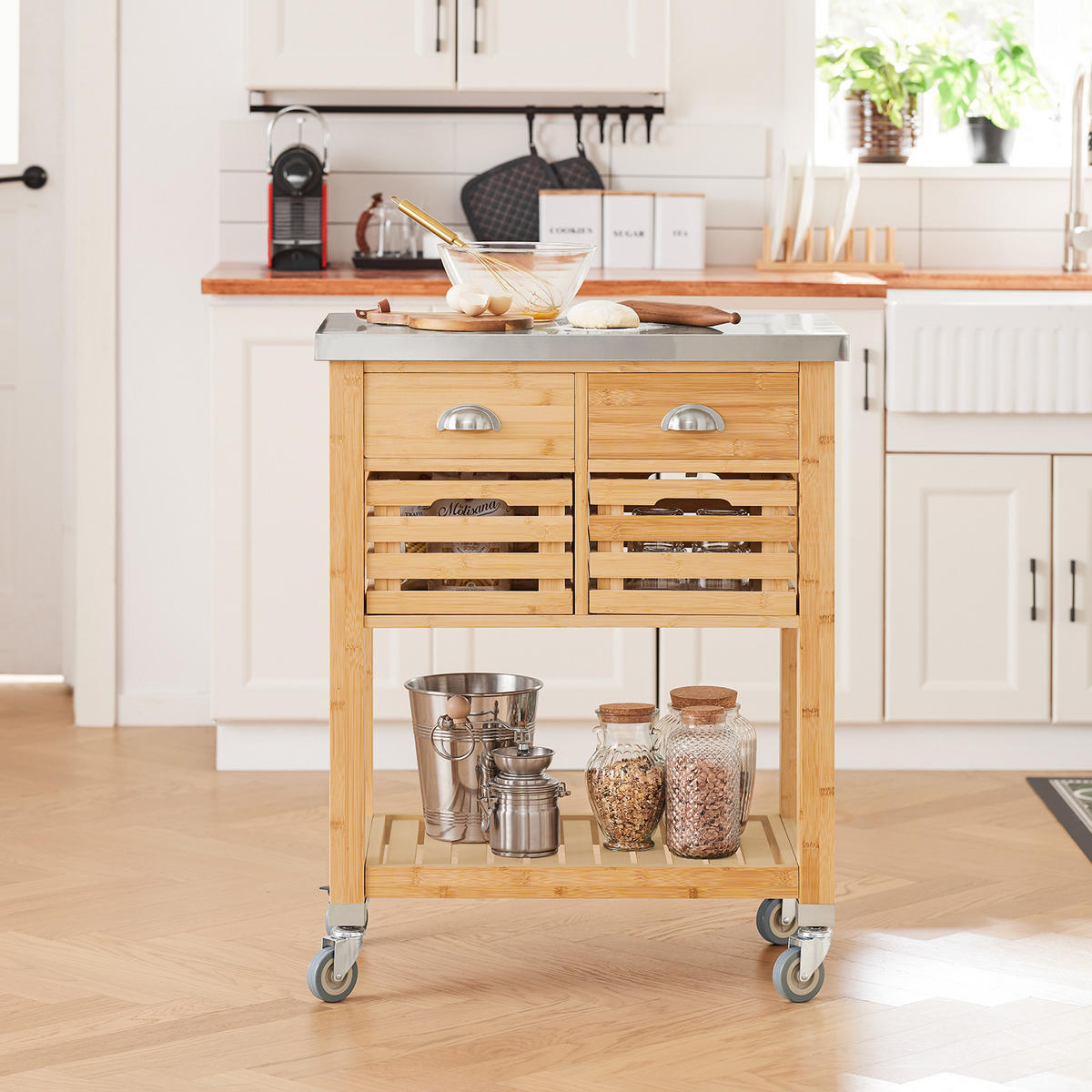 KÜCHENWAGEN Bambus Edelstahl - Naturfarben, Holzwerkstoff (73/93/46cm) - SoBuy