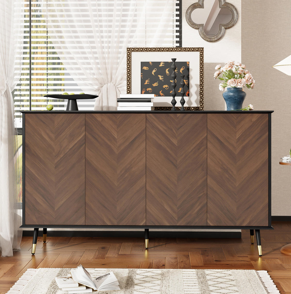 SIDEBOARD 140/40/80 cm in Schwarz/Braun mit 4 Türen und verstellbaren Regalen - Schwarz, Holzwerkstoff (140/80/40cm) - Flora Grace