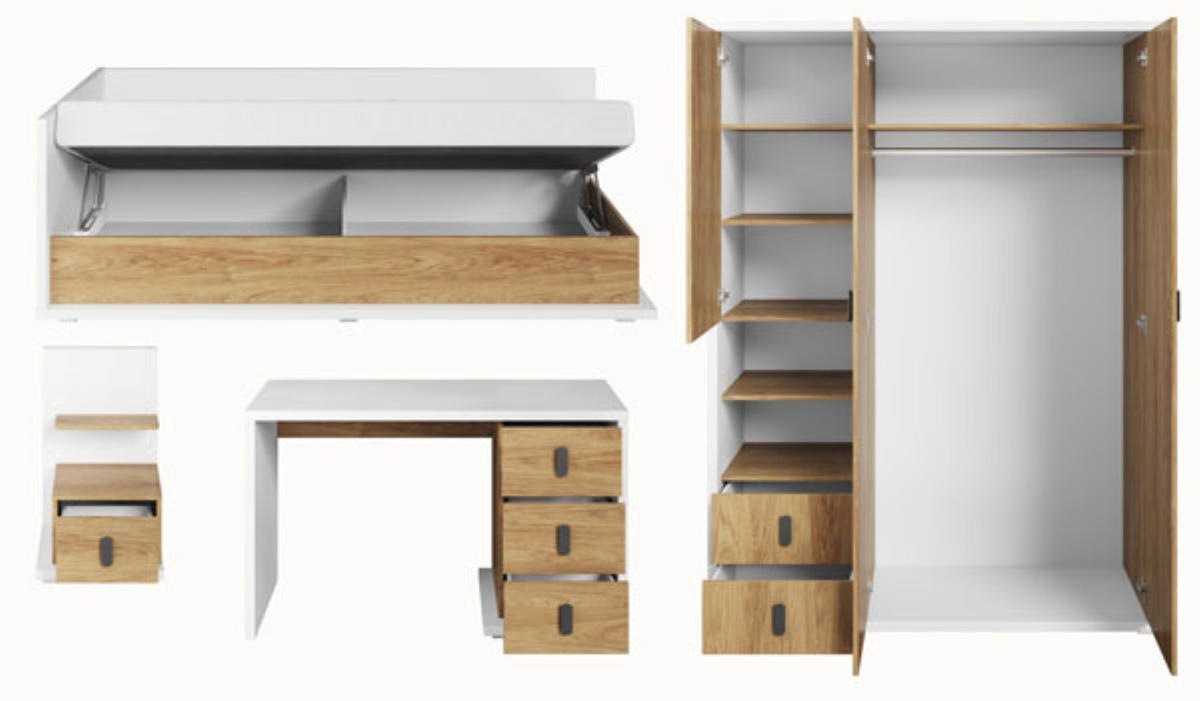 JUGENDZIMMER-SET Simi weiß / Hickory Oak 420 / 212 / 200cm 4-teilig - Eichefarben/Braun, Holz/Holzwerkstoff (420/200/212cm) - Feldmann-Wohnen