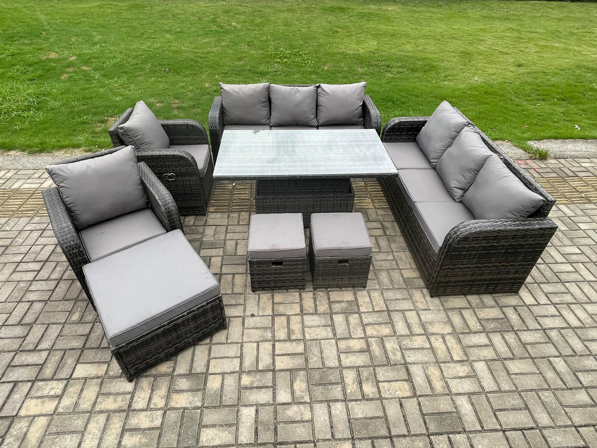 SITZGRUPPE GARTENSET Polyrattan Outdoor 11-Sitzer - Dunkelgrau/Grau, Glas/Kunststoff - Fimous