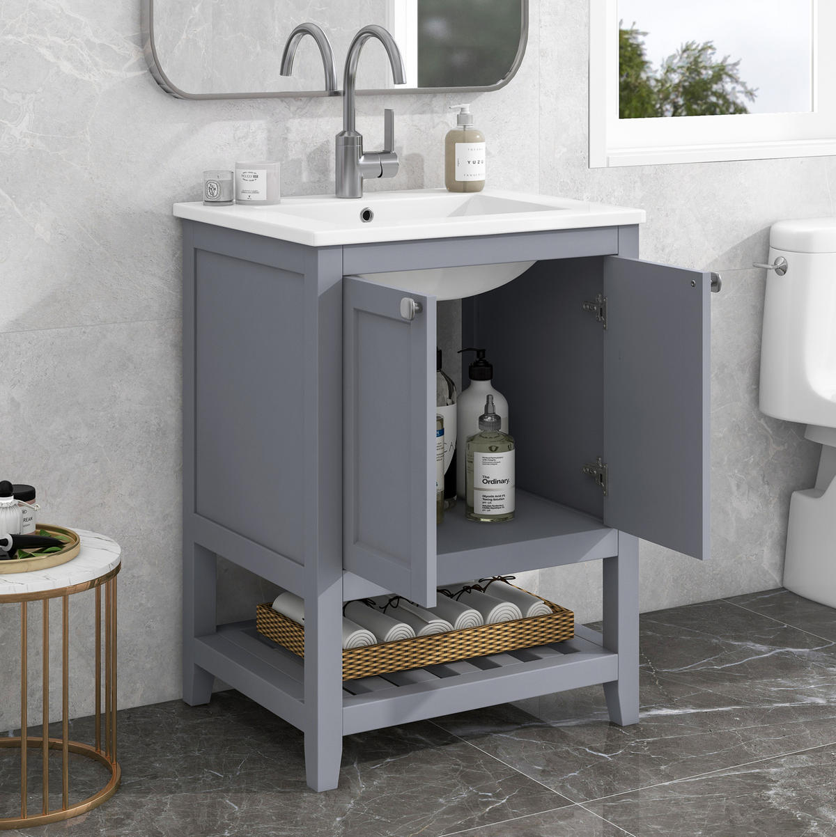 WASCHTISCHKOMBI 60 cm Grau/Weiß aus Massivholz und MDF mit Keramik-Waschbecken - Weiß, Holzwerkstoff (61/90/46cm) - OKMYHOME