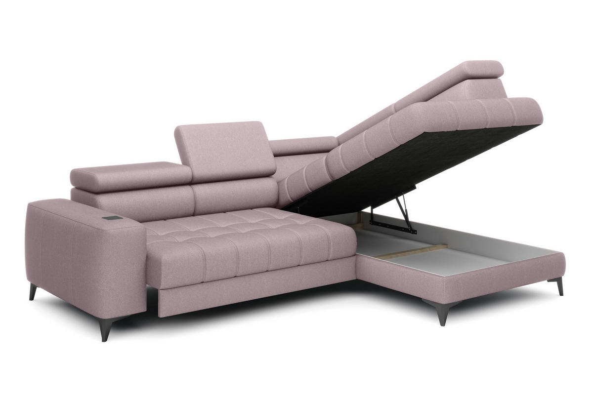 ECKSOFA BAGGIO Letto Stoff, Schlaffunktion, Bettkasten, Sitztiefe, Kopfstützen 280x196cm – Rechts – Puderrosa - Hellrosa, Holz/Textil (280/196cm) - DomoHome