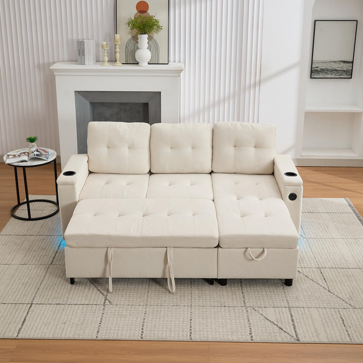 ECKSOFA L Form Schlafsofa Stauraum LED 3-Sitzer Beige 208cm - Beige, Textil (208/146cm) - FLIEKS