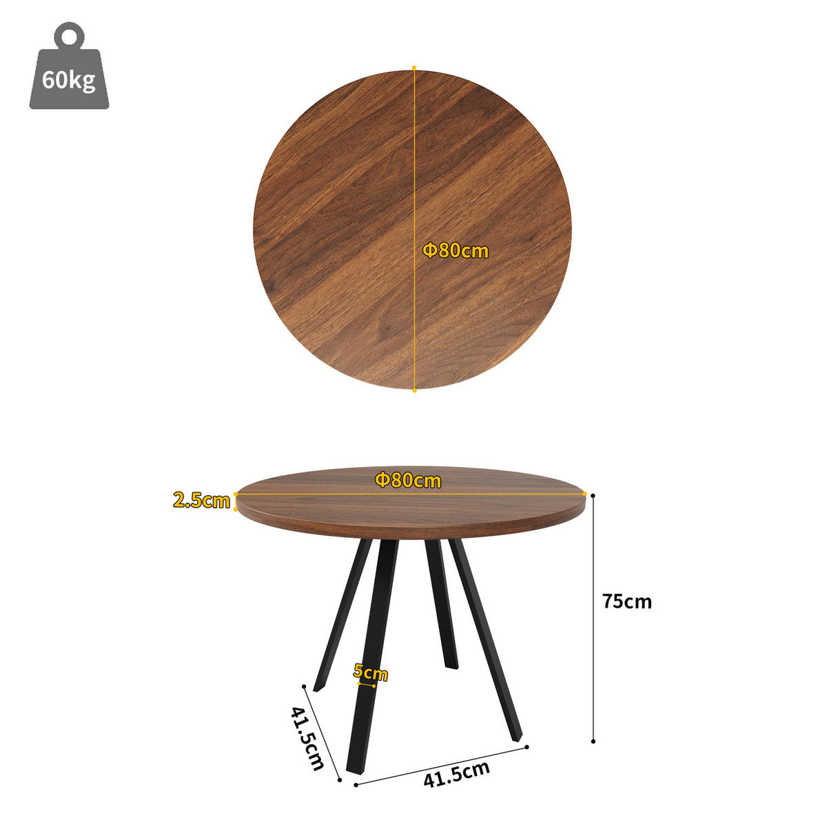 80/75/80 cm Walnussfarben/Schwarz aus MDF und Metall - Walnussfarben/Schwarz, Holzwerkstoff (80/80/75cm) - OKMYHOME