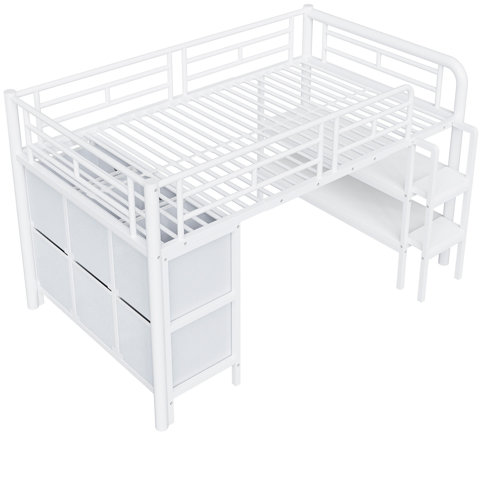 HOCHBETT 90/200 cm DE-01487, in Weiß, mit breiter Treppe, Schubladen und Regalen - Weiß, Metall (90/200cm) - ComfortXL