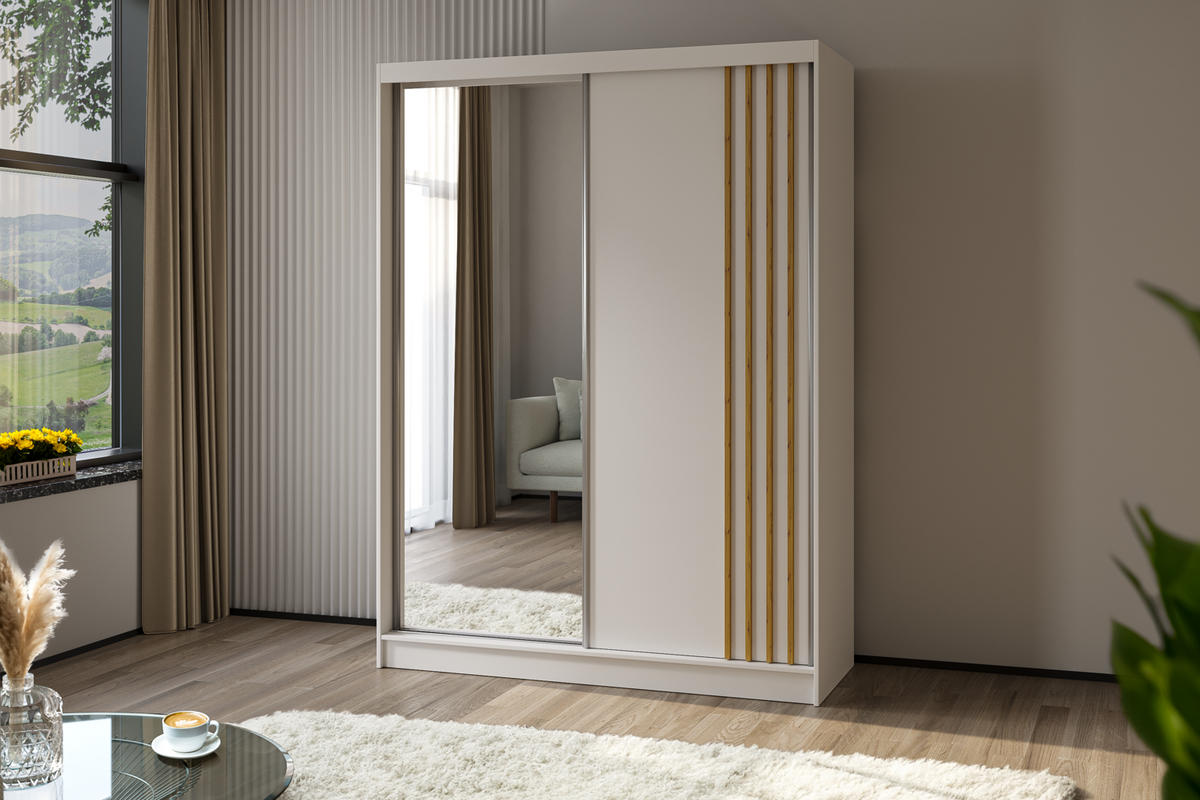 SCHWEBETÜRENSCHRANK Neli 160 cm mit Lamellen und Spiegel 2-türig, weiß, weiß, Lamelle Artisan - Weiß/Braun, Kunststoff (160/216/61cm) - Margaret Hadas24
