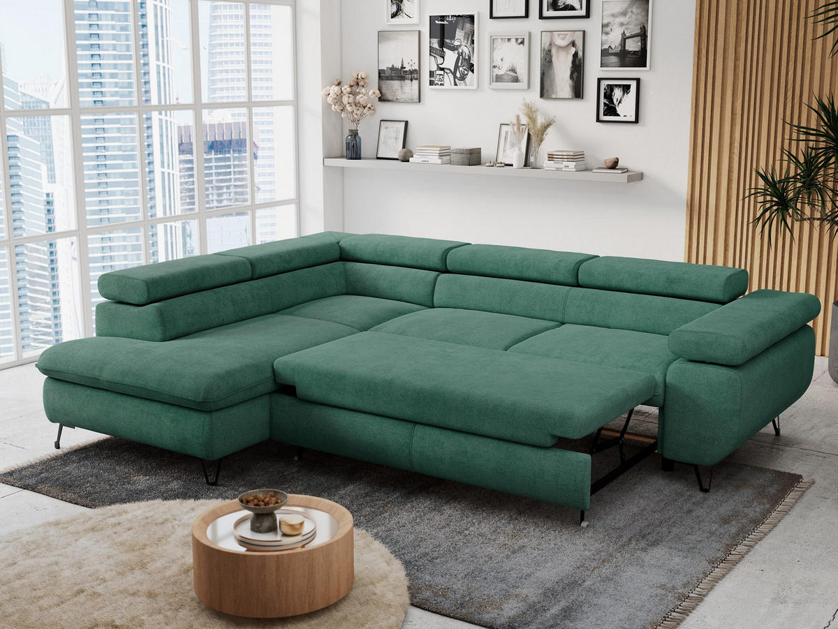 ECKSOFA PETER L Grün Struktur - Links Seite - Schwarz/Grün, Textil/Metall (208/273cm) - MKS