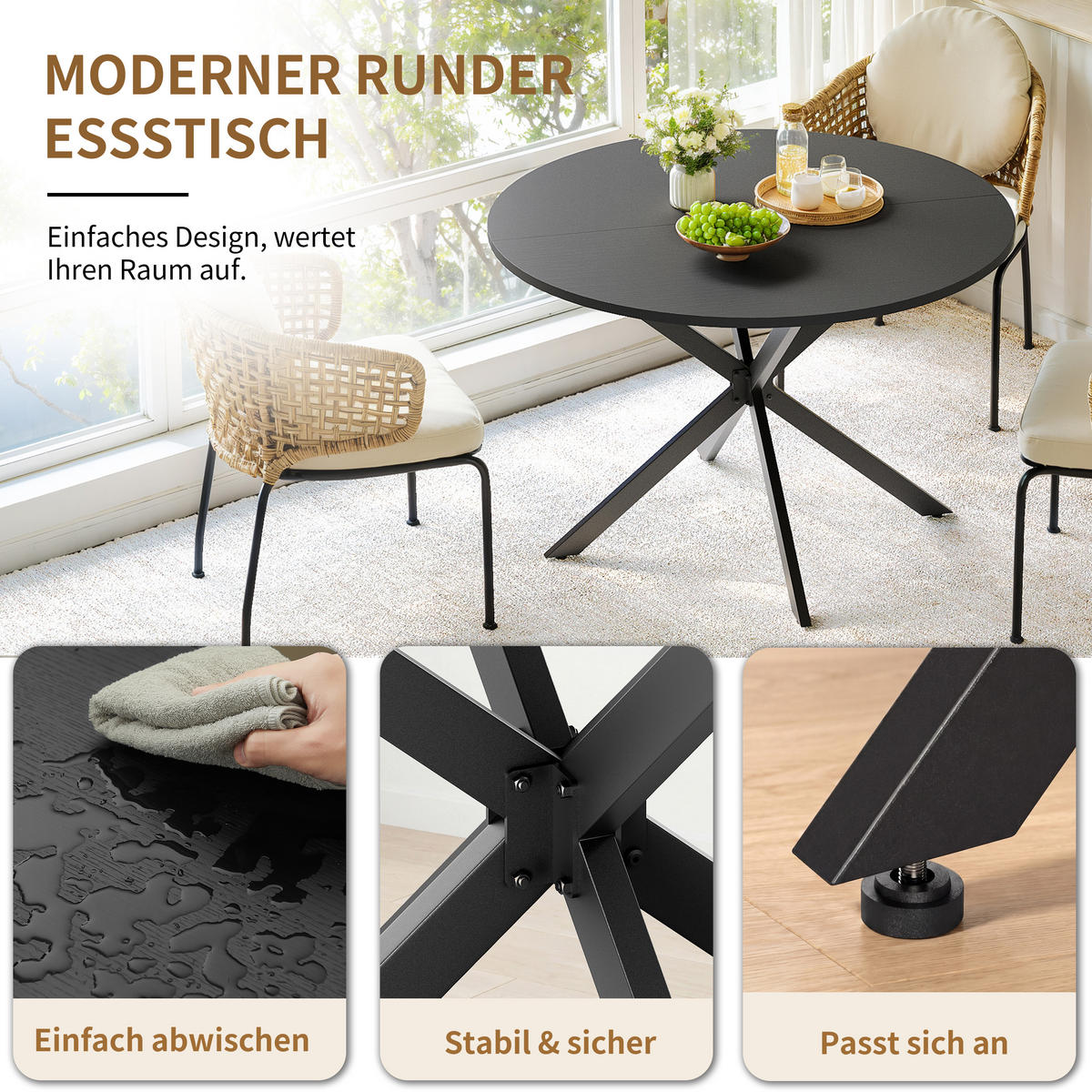 ESSTISCH DE-37300 rund mit X-Beinen und pulverbeschichtetem Stahl Schwarz - Schwarz, Holzwerkstoff (120/120/78cm) - ComfortXL